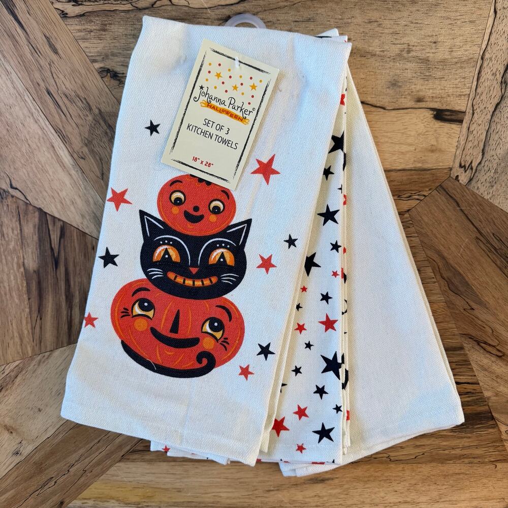 NWT Johanna Parker Halloween Kitchen Towels Set of 3 Vintage Jack O Lantern Cat